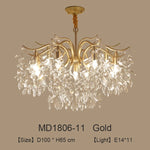 lustre moderne cristal K9 doré noir ampoules LED branches stylisées transparentes salon mariage