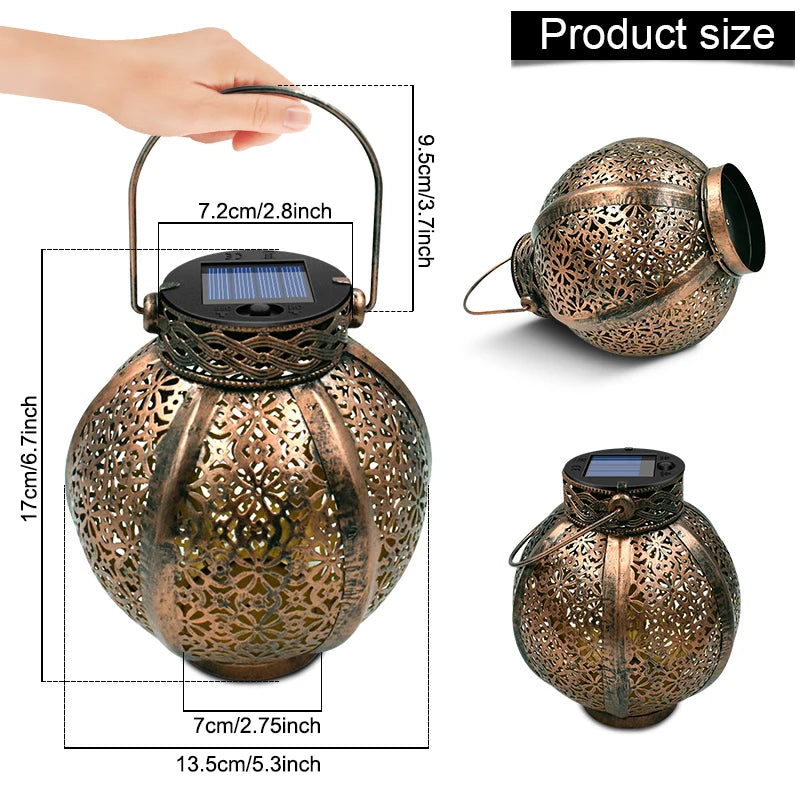lanterne solaire dorée perforée motifs floraux artisanal rustique extérieur jardin patio led autoinstallation ip65