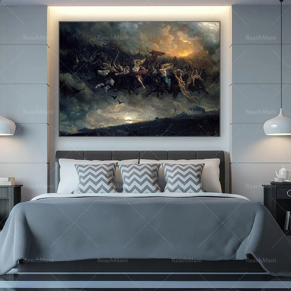 L'image montre une peinture murale représentant une scène grandiose avec des personnages en mouvement dans un paysage orageux, qui semble être le point focal de la chambre.