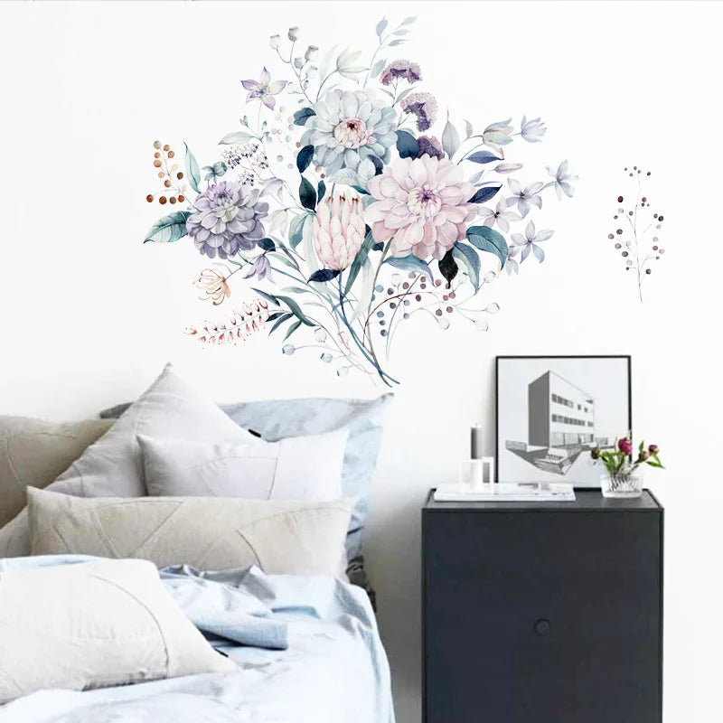 sticker mural aquarelle fleurs plantes moderne salon chambre décoration intérieure opaque