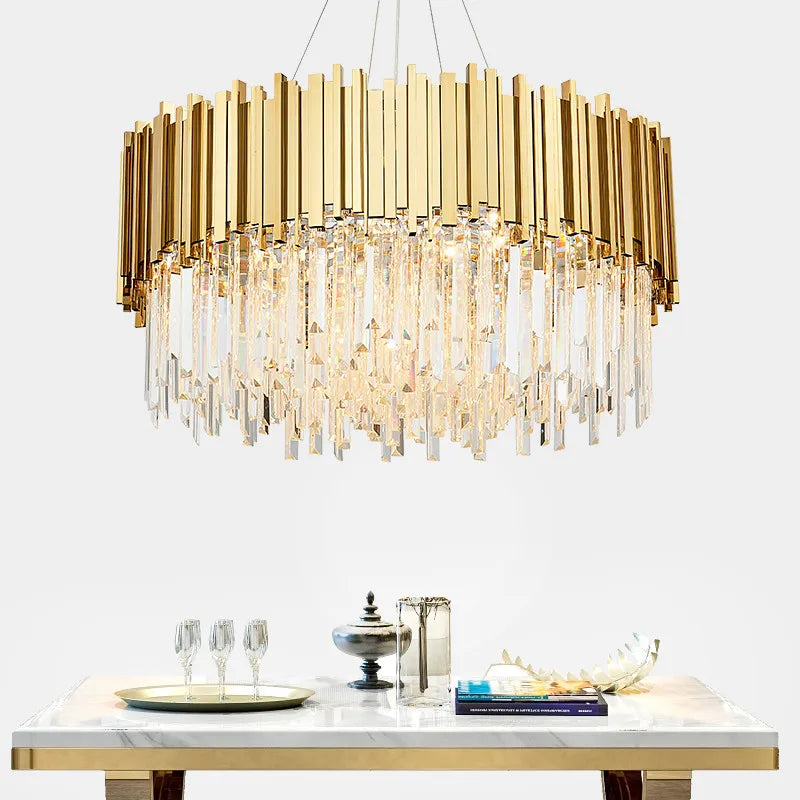 Suspension lumineuse moderne dorée pendants transparents barres rayonnantes salon élégant