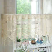 Rideau en fil crocheté avec pompons beige pour salon et cuisine - Décoration intérieure bohème