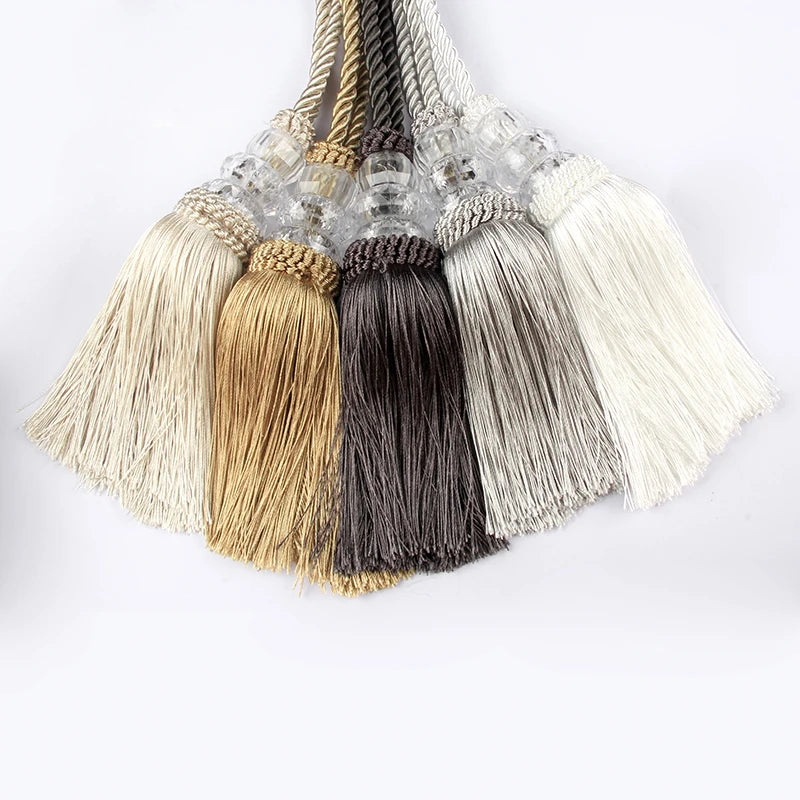 pompons rideau doré noir blanc élégants tissu fin transparentes 58cm longueur total 15cm largeur