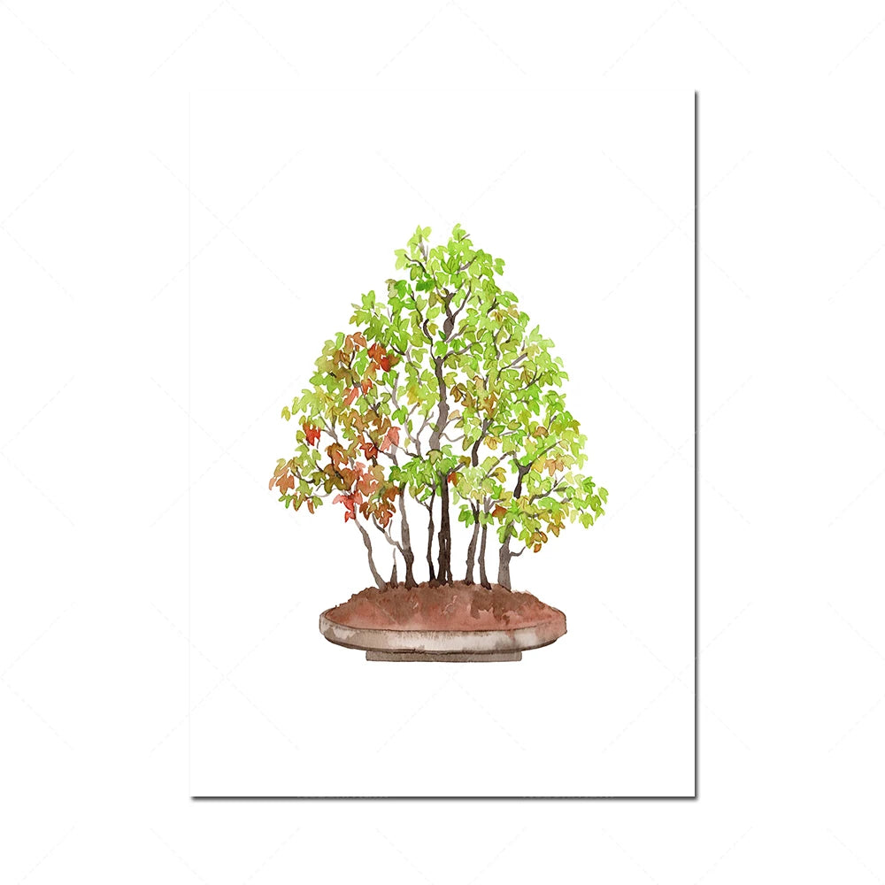 Arbre de bonsaï aux feuilles vertes et rousses sur une soucoupe en terre cuite, illustration aquarelle.