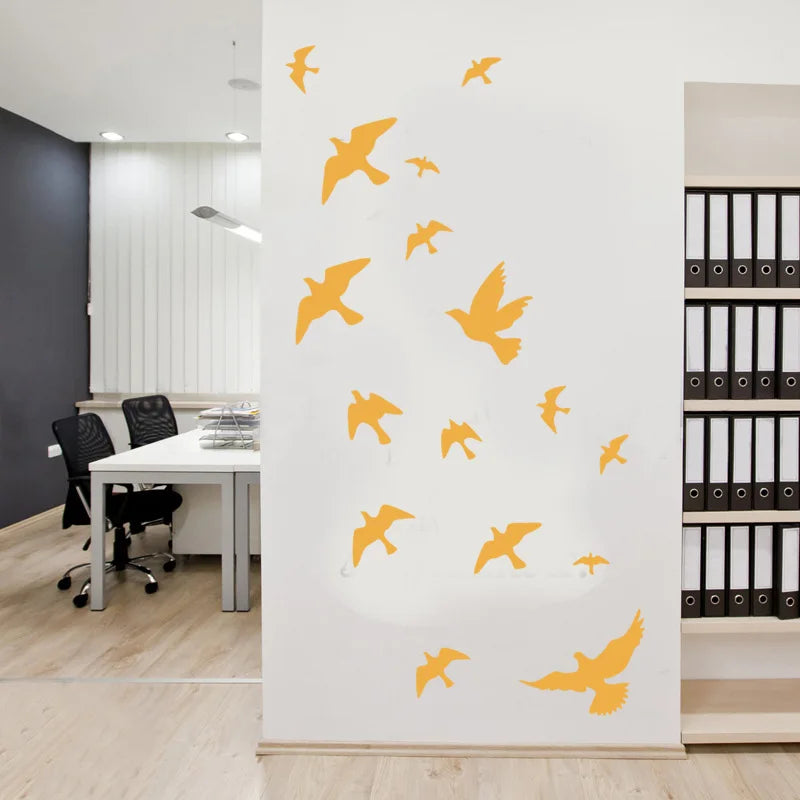 sticker mural moderne oiseaux volants blanc jaune noir 30x50cm adhésif