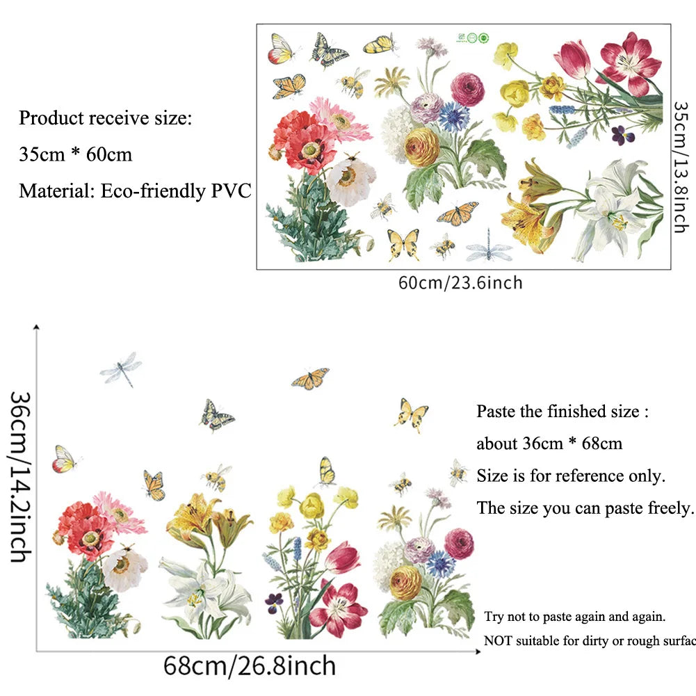 sticker mural fleurs papillons adhésif pvc résistant eau botanique chambre salon decoration aquarelle moderne