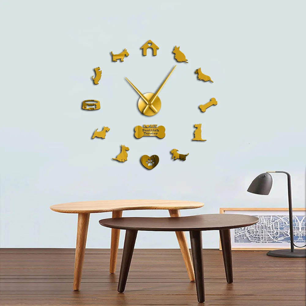 horloge murale moderne chien maison os cœur salon quartz aiguille noir doré stickers