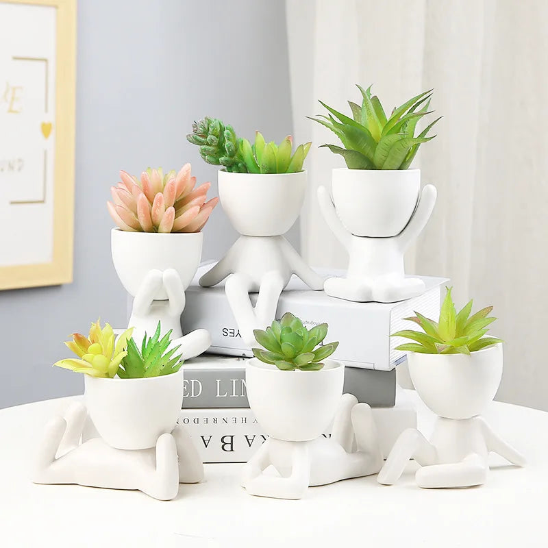 cache pot céramique blanc noir personnage assis contemporain plante succulente minimaliste ornement décoration artisanale