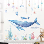 sticker mural baleine marine corail étoile mer enfant aquatique aquarelle transparent adhésif