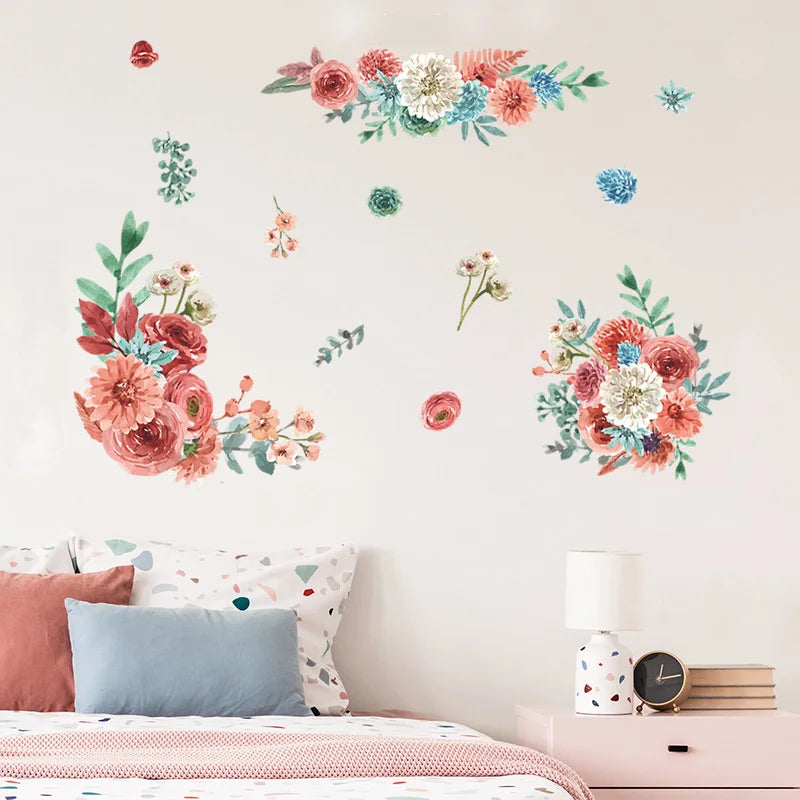 sticker mural fleurs art floral adhésif rose blanc vert bleu 30cm 90cm 68cm 50cm
