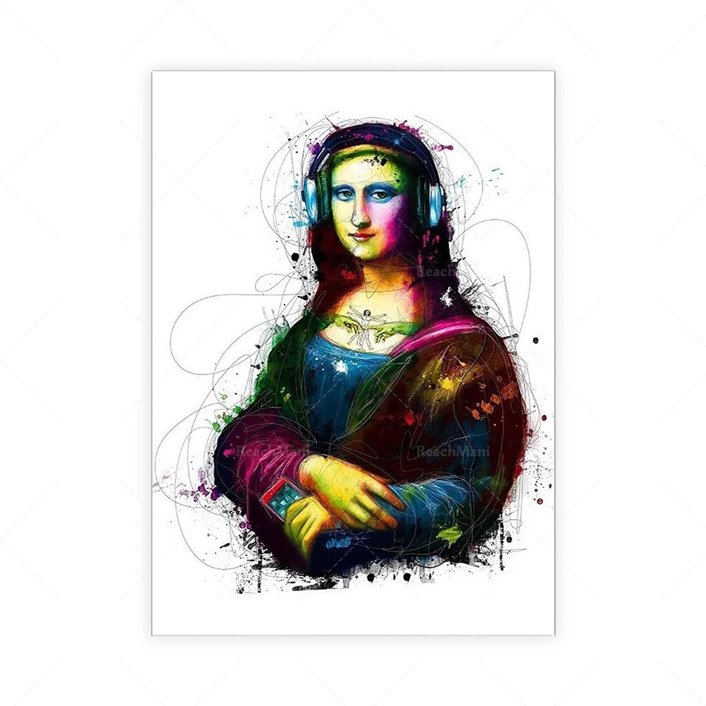 L'image représente une interprétation colorée et créative de la célèbre peinture "La Joconde" de Léonard de Vinci, avec des touches de styles abstraits et de graphismes modernes.