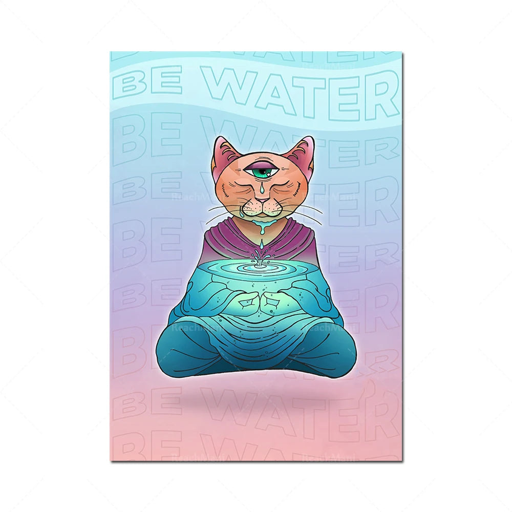 Un chat méditatif assis en position de lotus, entouré d'eau et de texte "be water", symbolisant une connexion spirituelle et un lien avec l'élément aquatique.