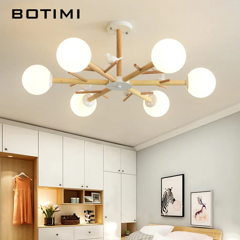 lampe suspendue moderne blanc bois boules translucides branches led chambre salle manger