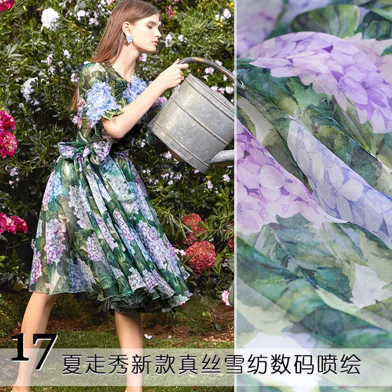 tissu mousseline soie imprimé hydrangeas vert violet blanc anti uv mode couture 140cmmètre