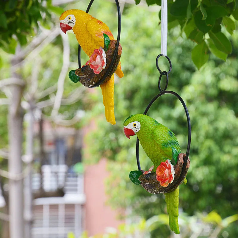 décoration extérieure oiseau suspendu perroquet plumage coloré anneau métallique jardin fleurs artificiellesbranches
