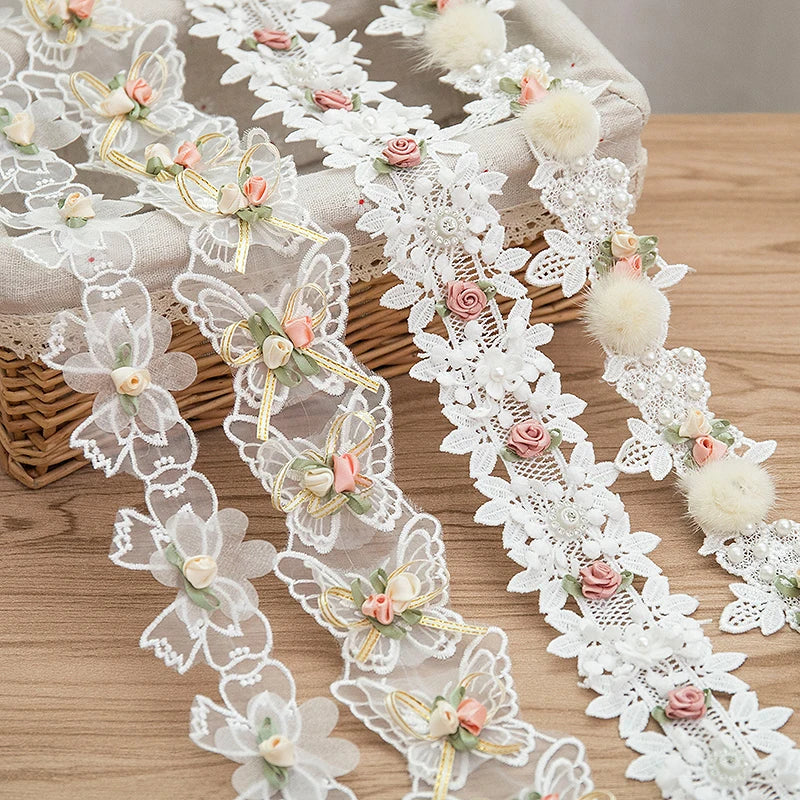 ruban dentelle fleurs papillons blanc rose pâle vert clair mariage vintage romantique artisanal DIY