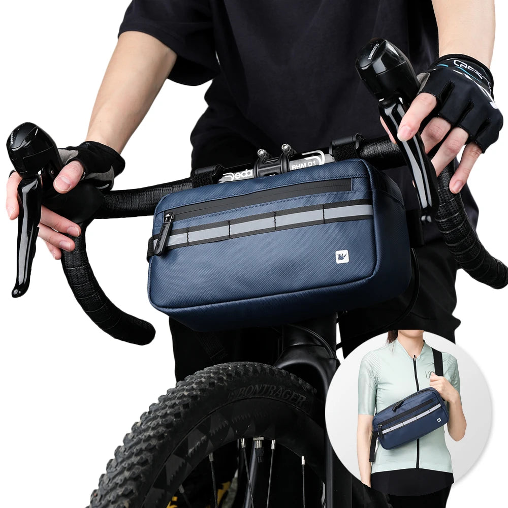 sacoche vélo bleu marine gris étanche bandes réfléchissantes pratique clips compartiment poches sportif