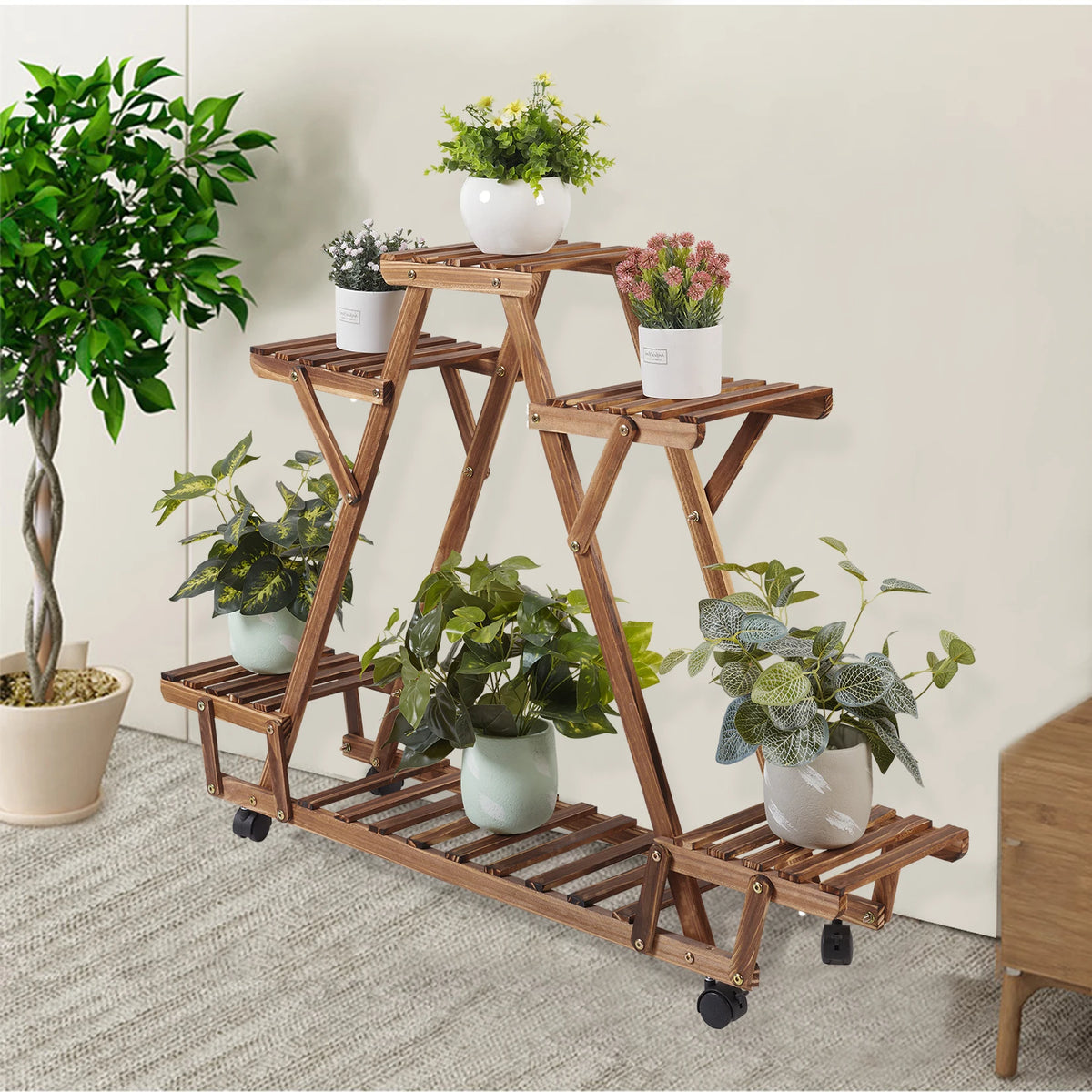meuble plantes pliable bois moderne niveaux roulettes pots assemblage