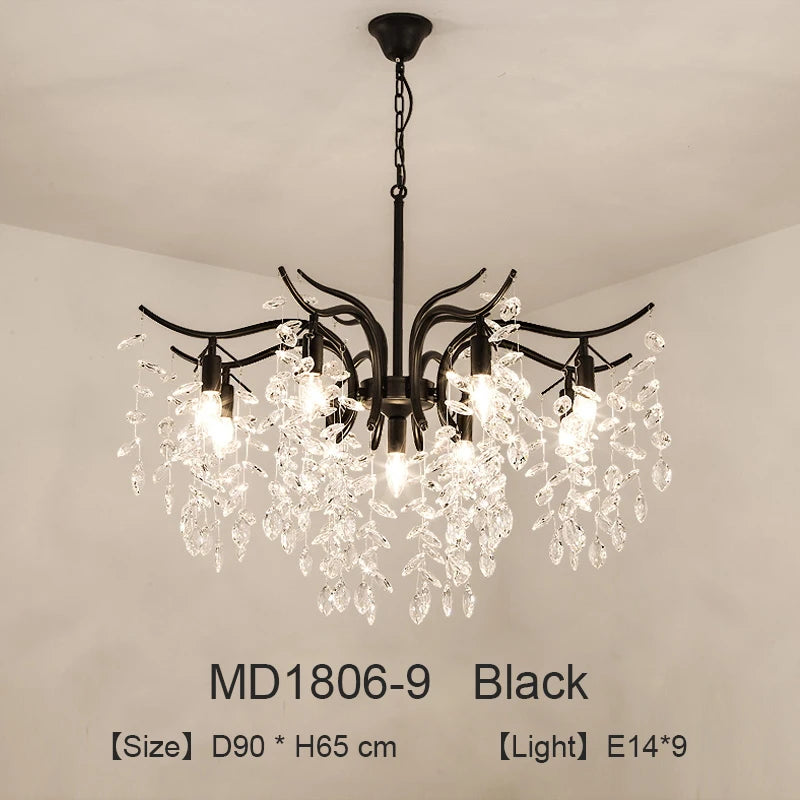 lustre moderne cristal K9 doré noir ampoules LED branches stylisées transparentes salon mariage