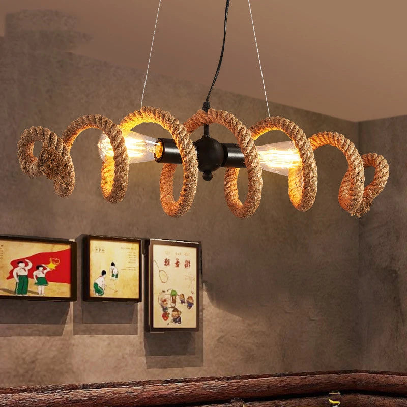 suspension lumineuse industrielle corde tressée marron clair noir filaments led tactile