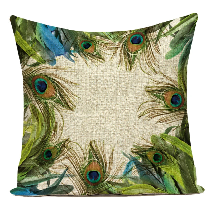 housse coussin carrée décorative motif paon bleu vert violet canapé salon moderne