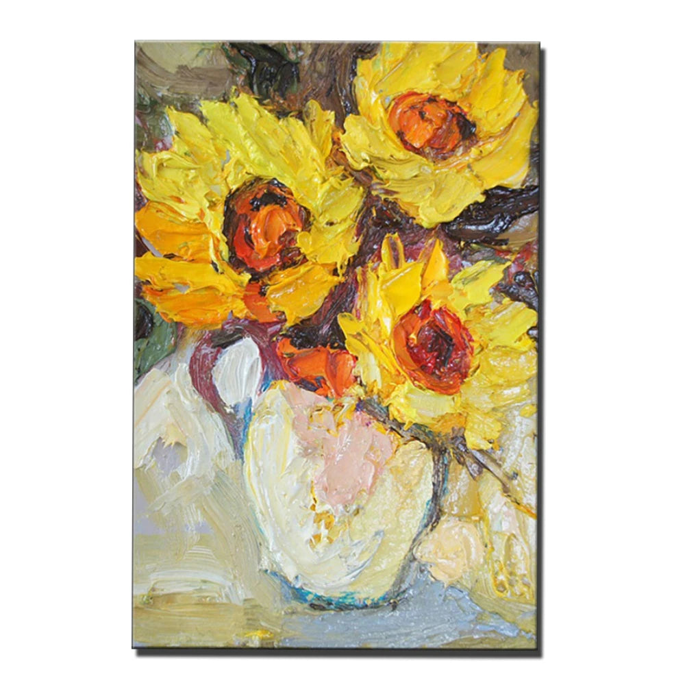 tableau abstrait peinture l'huile tournesol fleur moderne impressionniste toile sans cadre vertical salonDecoration Jaune