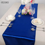 chemin table satin bleu foncé nappe blanche décoration table mariage coton polyester