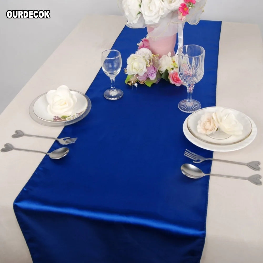 chemin table satin bleu foncé nappe blanche décoration table mariage coton polyester