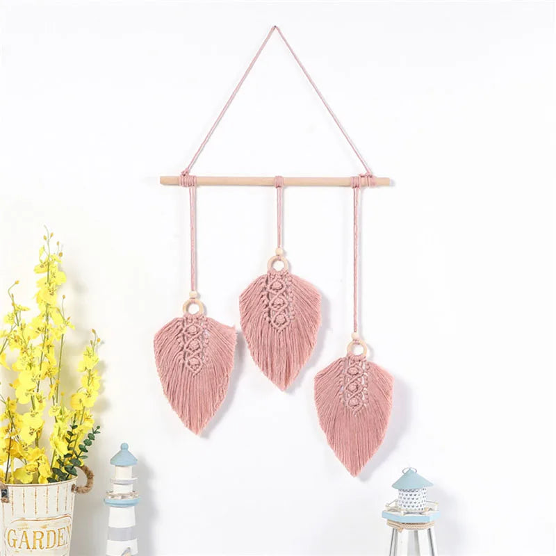 décoration murale boho feuilles brodées franges gris blanc jaune rose marron opacité trois pièces