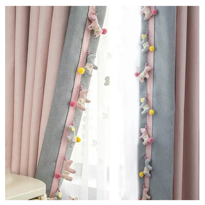 rideau enfant rose gris motif animal pompons décoration chambre moderne textile maison