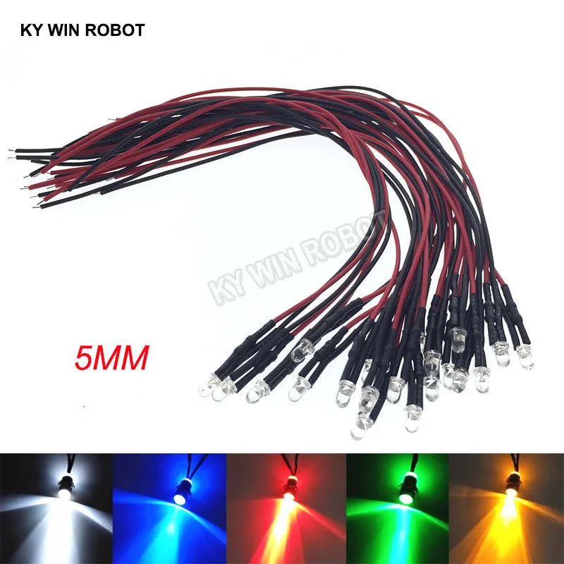 diodes led transparentes opalescentes 5mm ronde lisse 12v 24v fil rouge noir 10 pièces