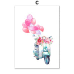 Scooter vintage peint avec un bouquet de fleurs de couleurs vives et des ballons colorés qui volent.
