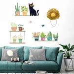 sticker mural décoration enfantine plantes pots chat papillons botanique mignon vert jaune