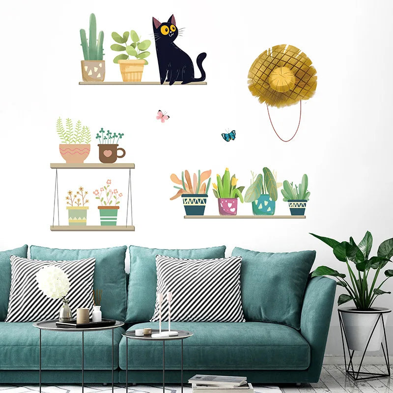sticker mural décoration enfantine plantes pots chat papillons botanique mignon vert jaune