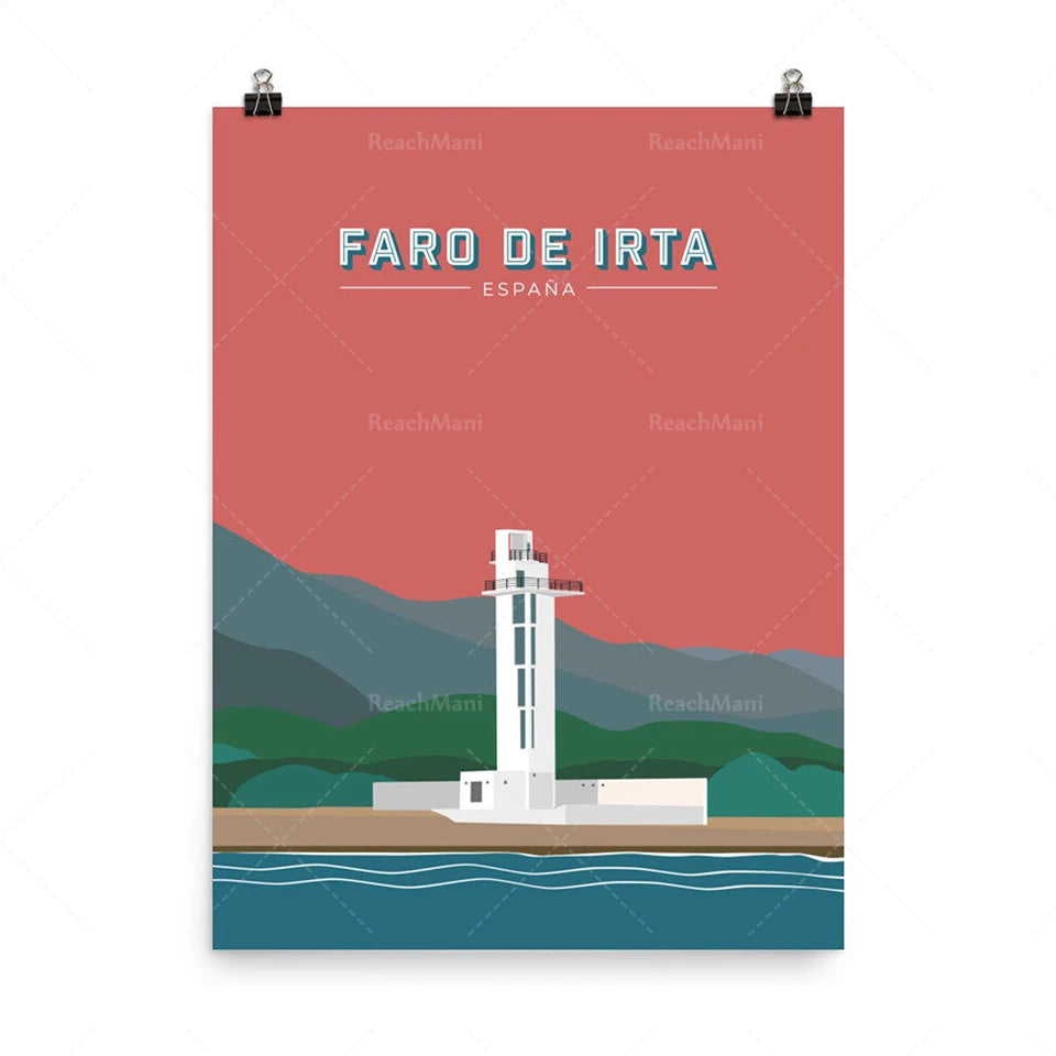 Une illustration de style vintage représentant le phare de Faro de Irta en Espagne, avec une montagne et un paysage côtier en arrière-plan.