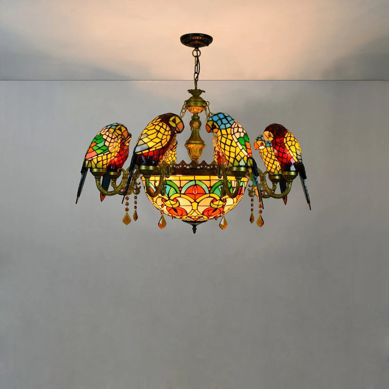 lampe suspension tiffany multicolore art nouveau oiseaux floraux rouge jaune vert bleu