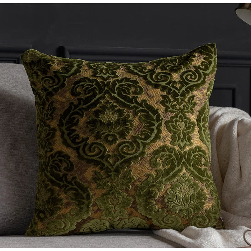 taies d'oreiller velours fleur motif floral damas relief élégantes classiques beige vert bleu marron