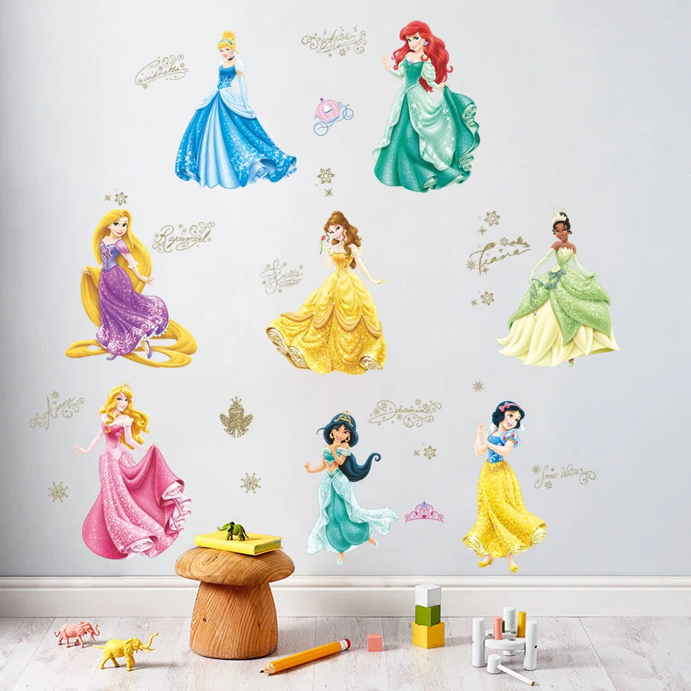 Stickers muraux princesses Disney élégantes rose bleu vert chambre enfant illustration PVC