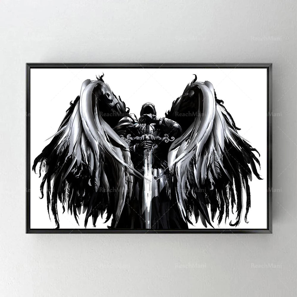 Une mystérieuse figure angélique aux ailes noires et blanches, debout avec une épée à la main, crée une image d'ombre et de lumière fascinante.