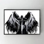 Une mystérieuse figure angélique aux ailes noires et blanches, debout avec une épée à la main, crée une image d'ombre et de lumière fascinante.