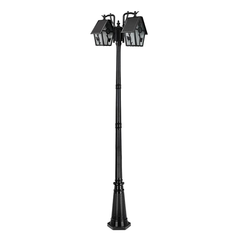 Lampadaire extérieur or noir deux lanternes classique décoration florale métal apparent IP65 LED adaptableextérieur