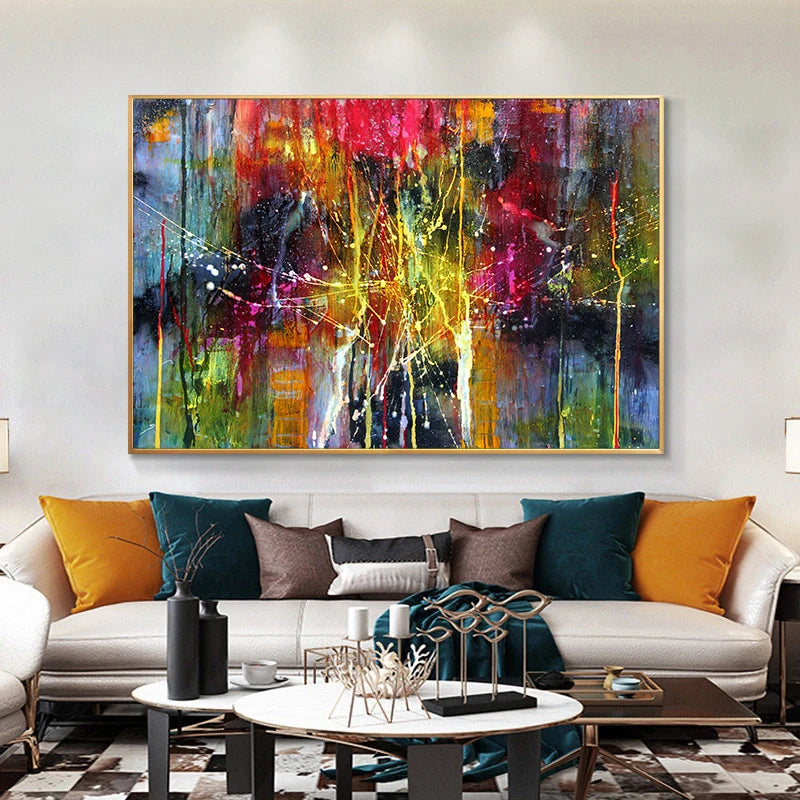 tableau abstrait multicolore contemporain sans cadre impression toile decoration horizontal