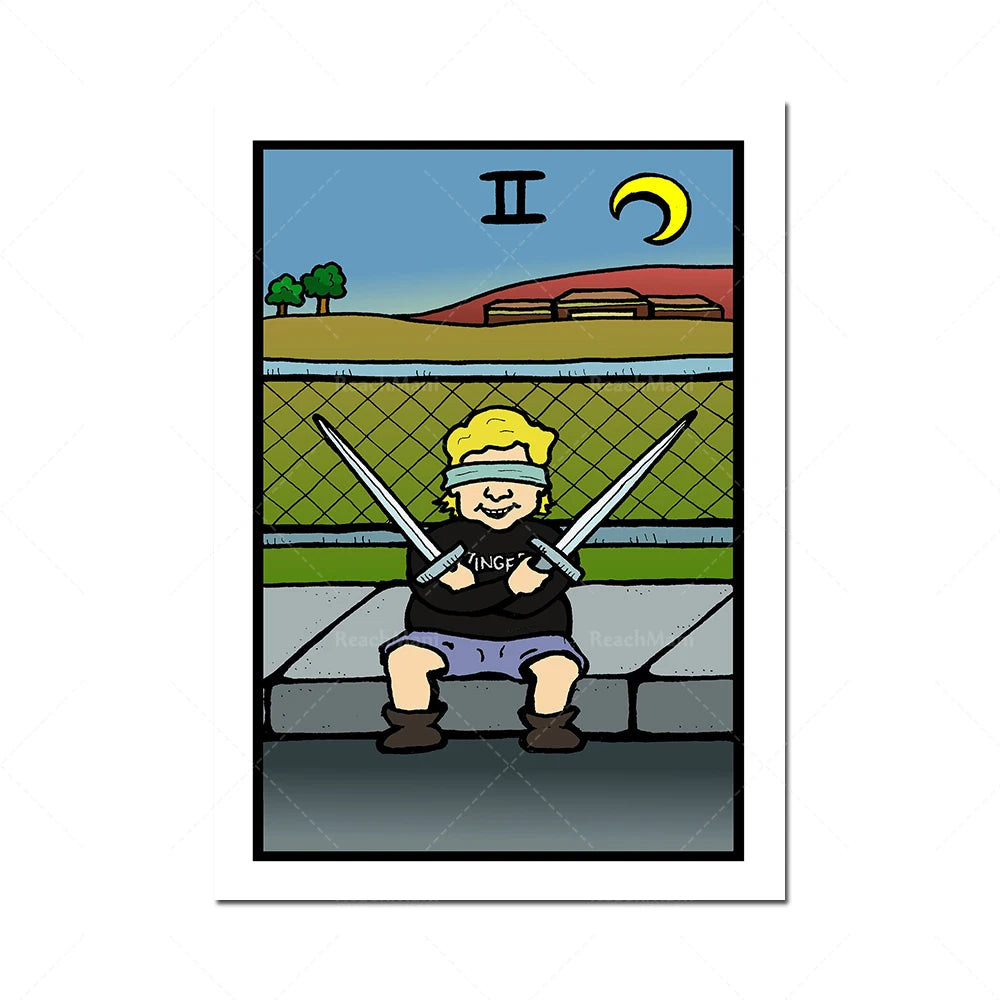 L'image montre un personnage en armure tenant deux épées en position de combat, devant un paysage de collines et de ciel.