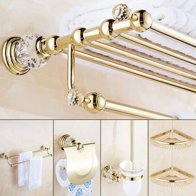Ensemble d'accessoires de salle de bain en laiton doré avec finition cristal - Vue d'ensemble