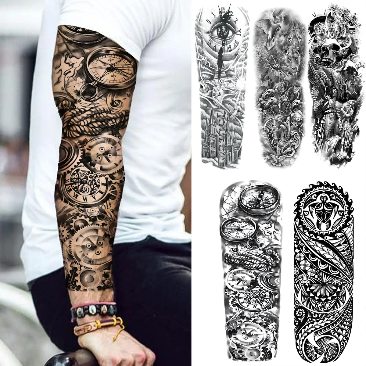 tatouage temporaire adhésif bras complet motif mécanique gothique steampunk crâne fleur noir blanc