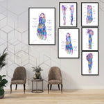 Ensemble d'illustrations anatomiques détaillées des pieds et des jambes, mettant en évidence les structures musculaires et osseuses complexes en couleurs vives.