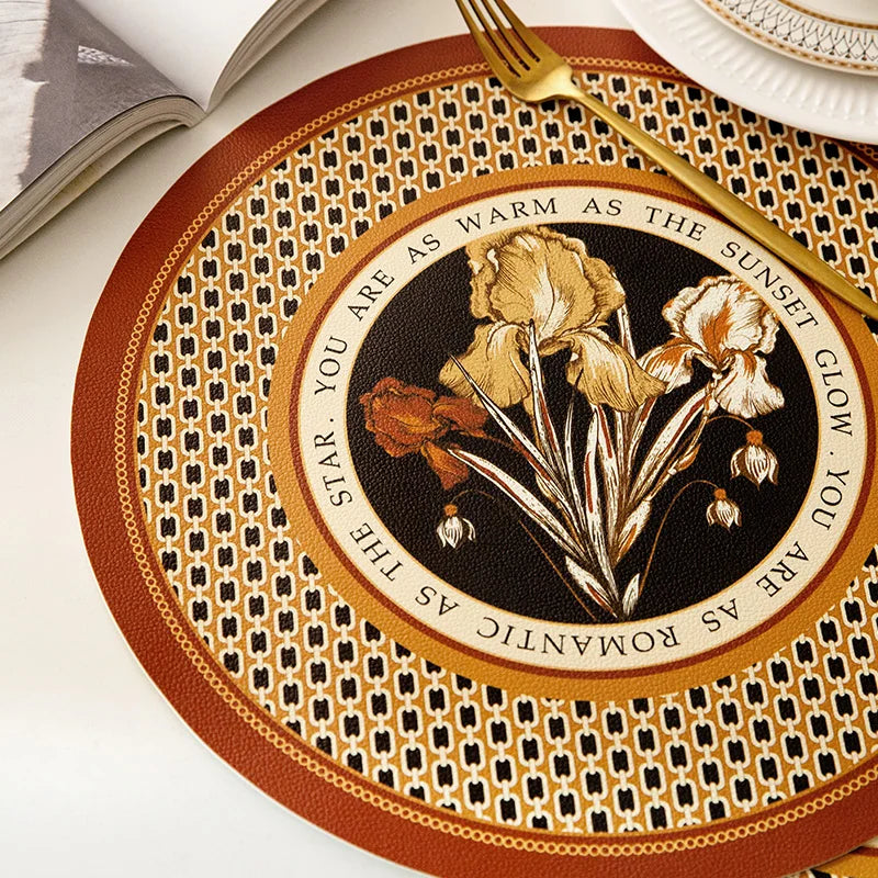 tapis table rond protection anti dérapante pvc respectueux environnement beige marron fleurs stylisées élégant