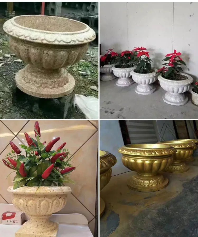 moule concret pot fleurs decoratif urne ciment texturé cannelures boutons gris blanc doréextérieur jardin