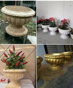 moule concret pot fleurs decoratif urne ciment texturé cannelures boutons gris blanc doréextérieur jardin