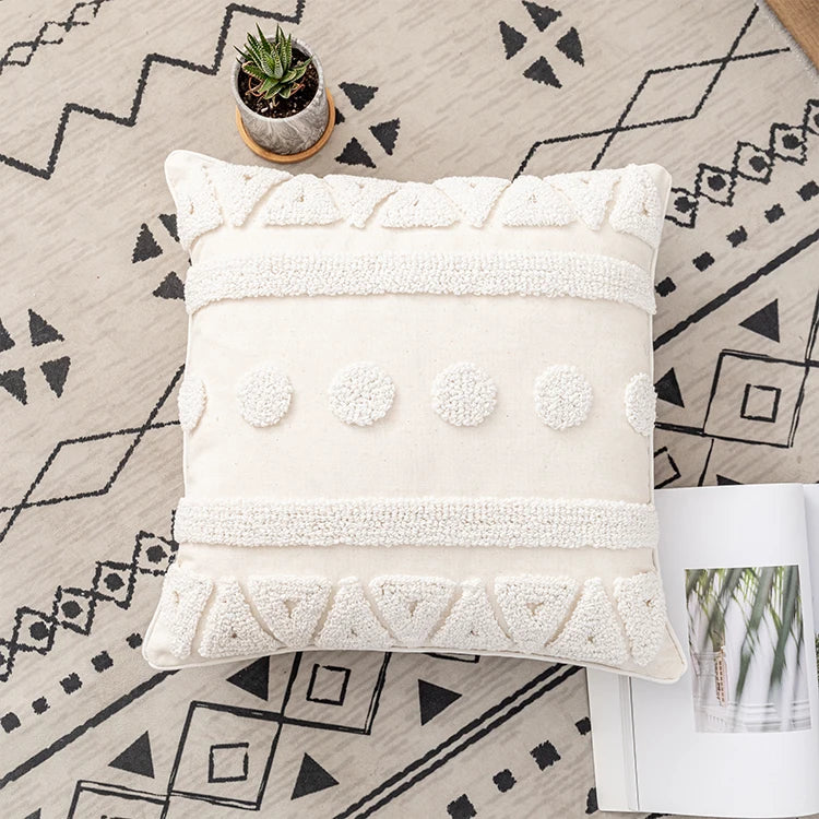 housses coussins coton blanc motif géométrique boho chic tassel opaques 45x45cm 30x50cm